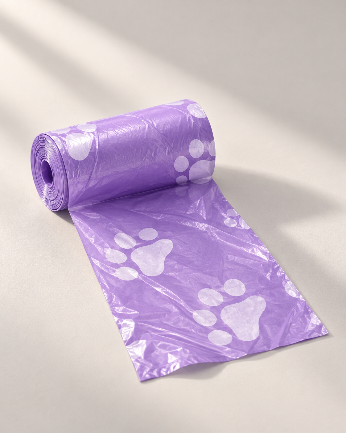 Purple paw-print bags partially unrolled