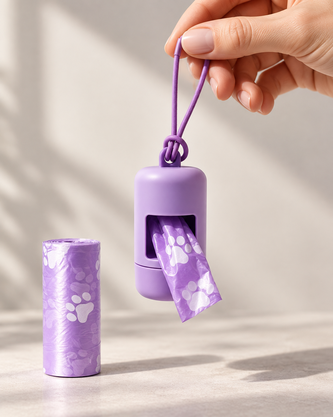 Hand holding the purple dispenser by its carry loop