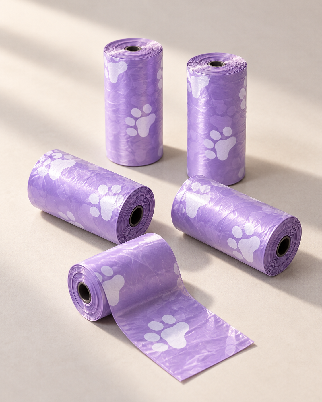 Five purple paw-print refill rolls