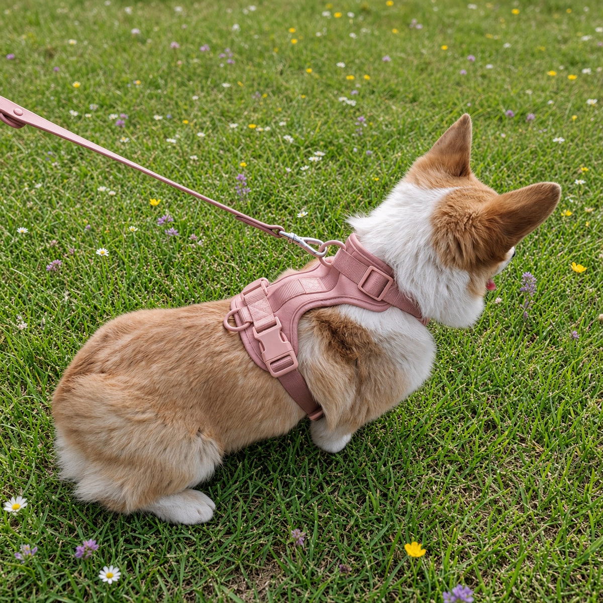 Pink adjustable dog harness shown on a dog